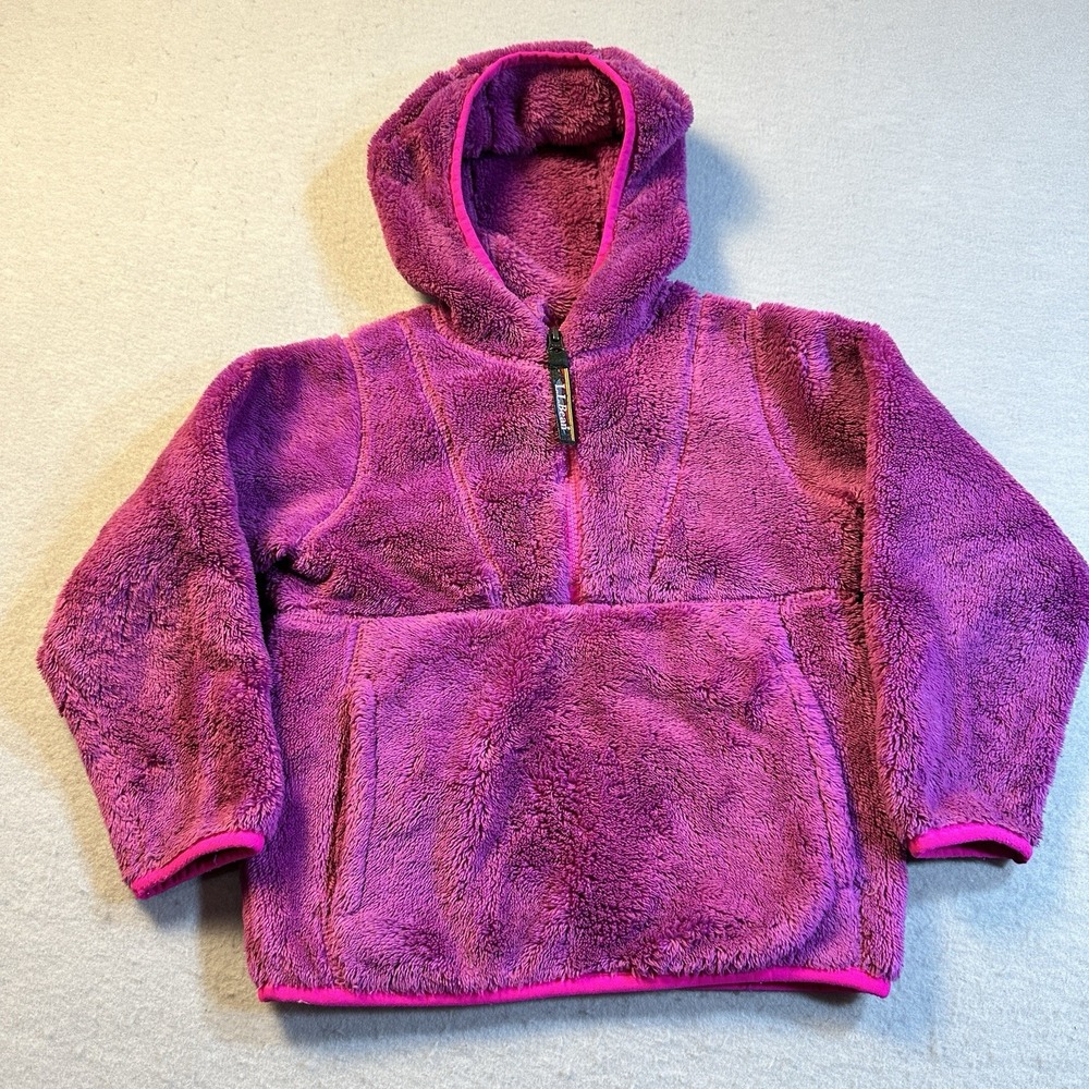 L.L.Bean Berry Pink Hi-Pile Fleece Hooded Pullover Fuzzy Warm Outdoor Small 4
